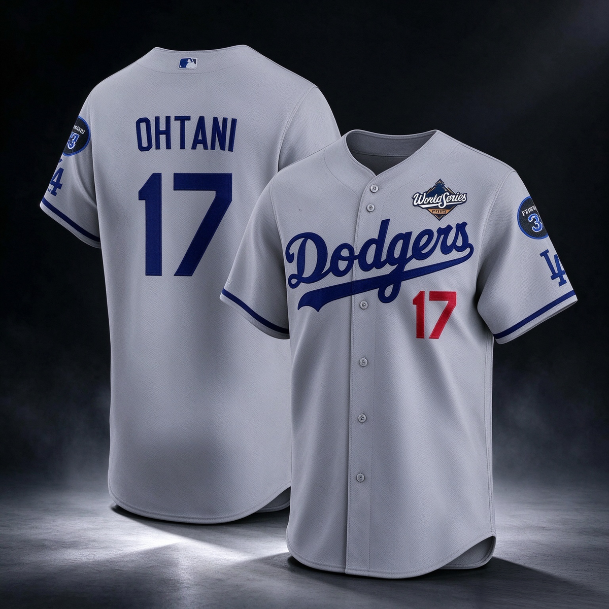 Los Angeles Dodgers #17 Shohei Ohtani Gray 2025 World Series With No. 34 Patch Limited Stitched Baseball Jersey