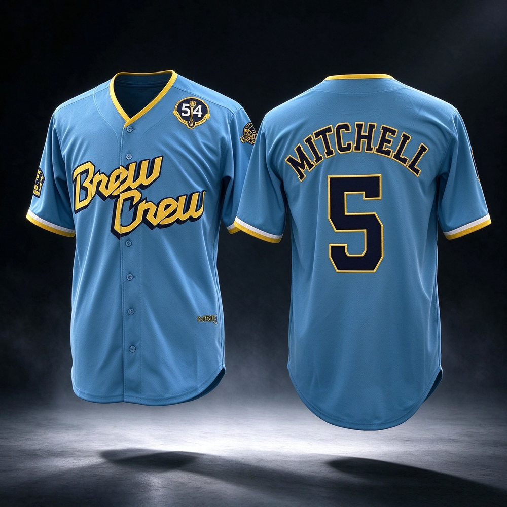 Milwaukee Brewers #5 Garrett Mitchell Powder Blue City Connect With Home & Bob Uecker Patch Limited Stitched Baseball Jersey
