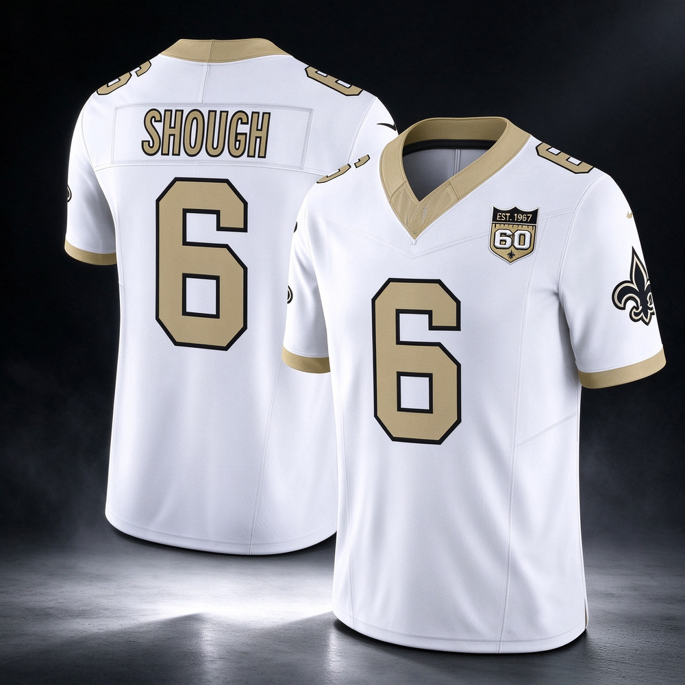 New Orleans Saints #6 Tyler Shough White 60th Anniversary Patch Gameday Golds Vapor Football Stitched Jersey