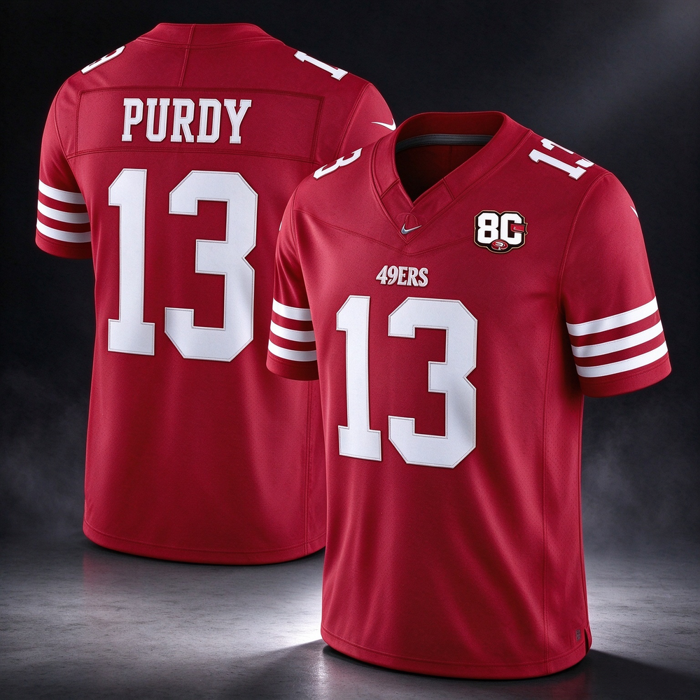 SF.49ers #13 Brock Purdy Red 80th Anniversary Patch 2026 F.U.S.E. Vapor Limited Football Stitched Jersey