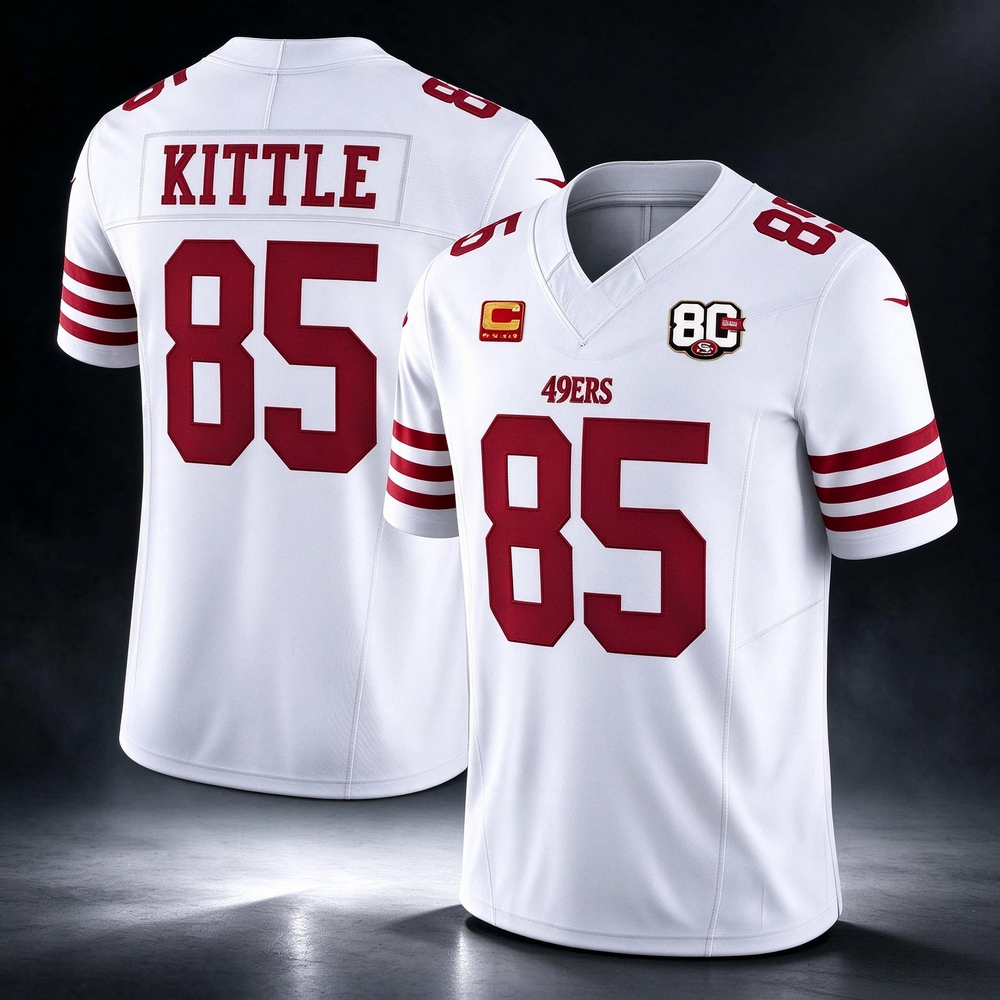 SF.49ers #85 George kittle White 80th Anniversary Patch And 4-Star C Patch 2026 F.U.S.E. Vapor Limited Football
