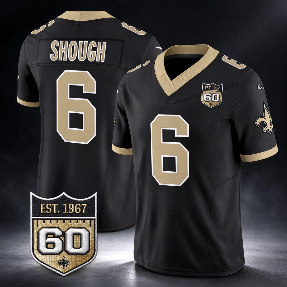 New Orleans Saints #6 Tyler Shough Black Gameday Golds 60th Anniversary Patch Vapor Football Stitched Jersey
