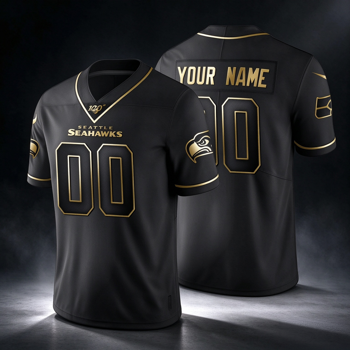 Custom S.Seahawks Black Golden Limited 100 Football Jersey Marou