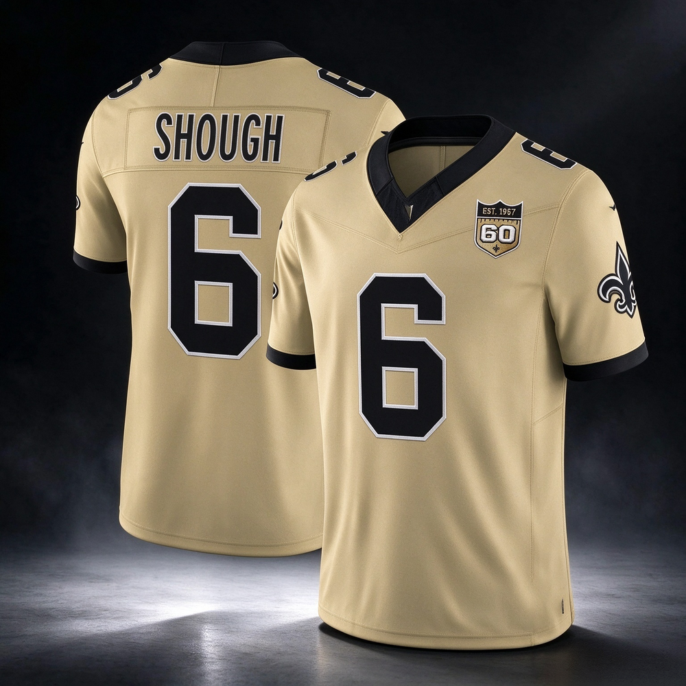 New Orleans Saints #6 Tyler Shough Gold 60th Anniversary Patch Gameday Golds Vapor Football Stitched Jersey