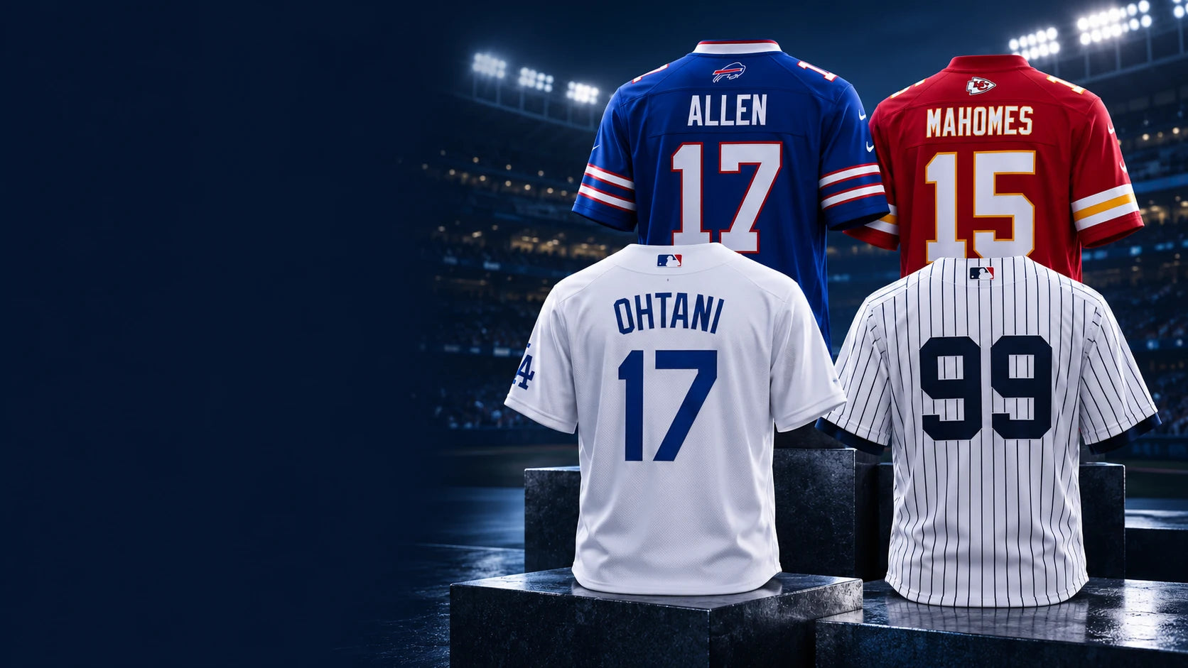 Allen 17, Mahomes 15, Ohtani 17 and Yankees 99 jerseys under stadium lights