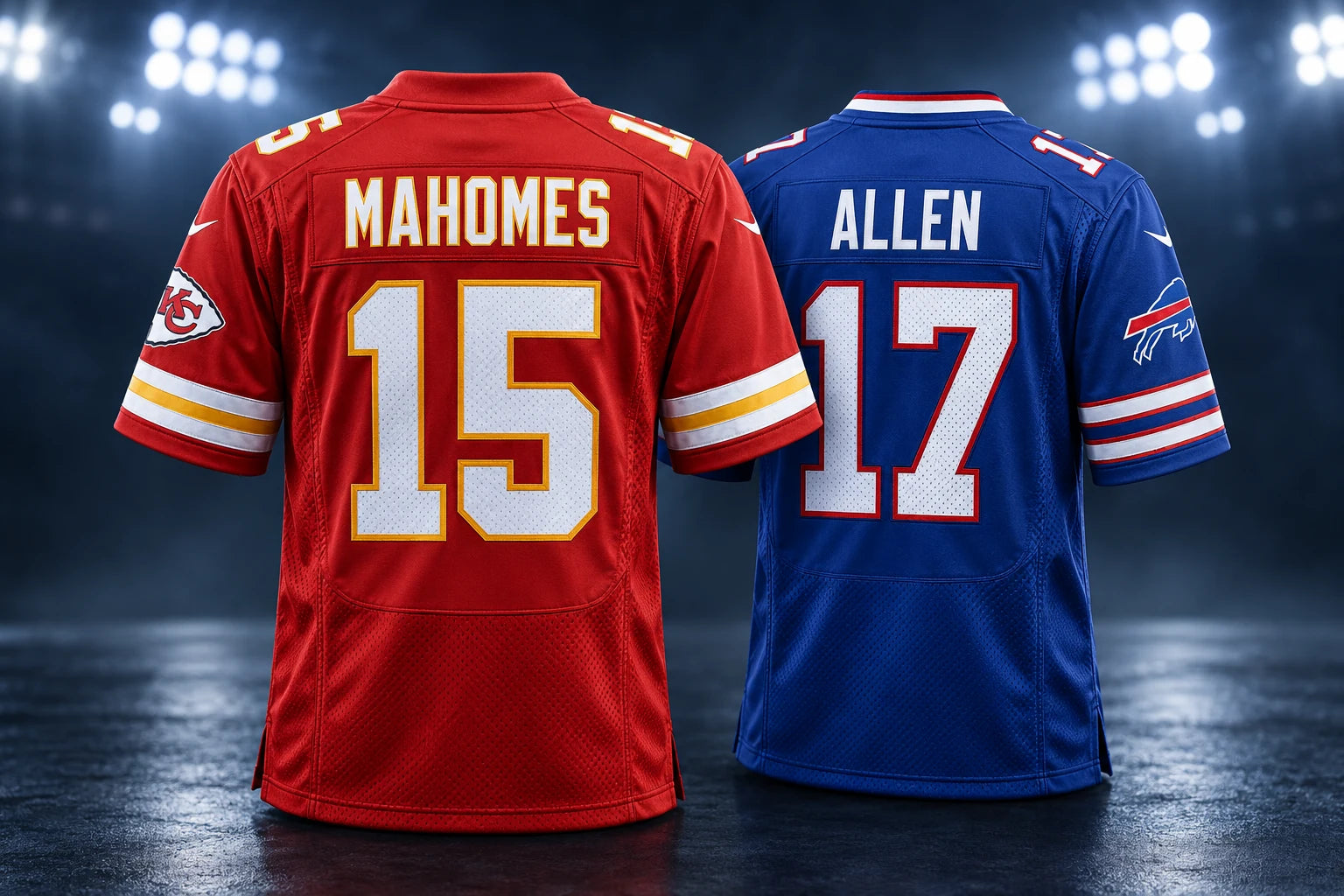 Mahomes 15 and Allen 17 football jerseys